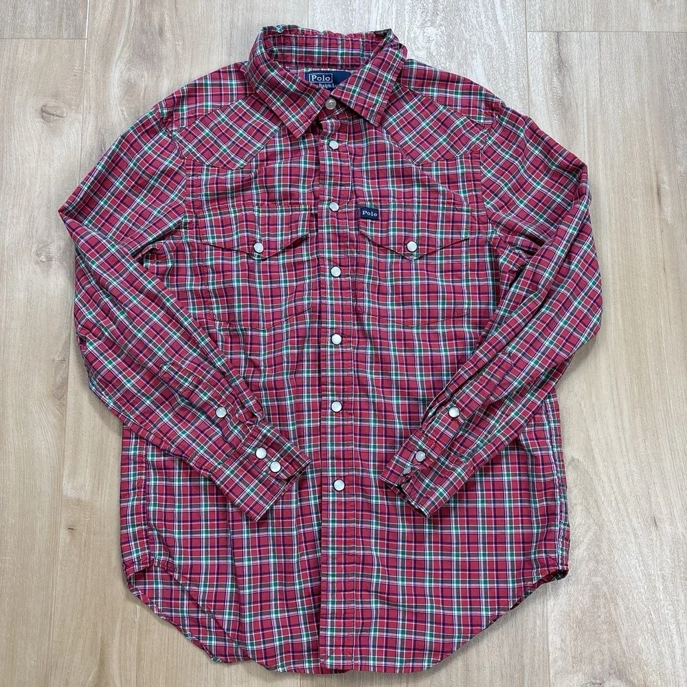 Vintage Polo Ralph Lauren Boys Small (8) Western Plaid Pearl Snap Long Sleeve